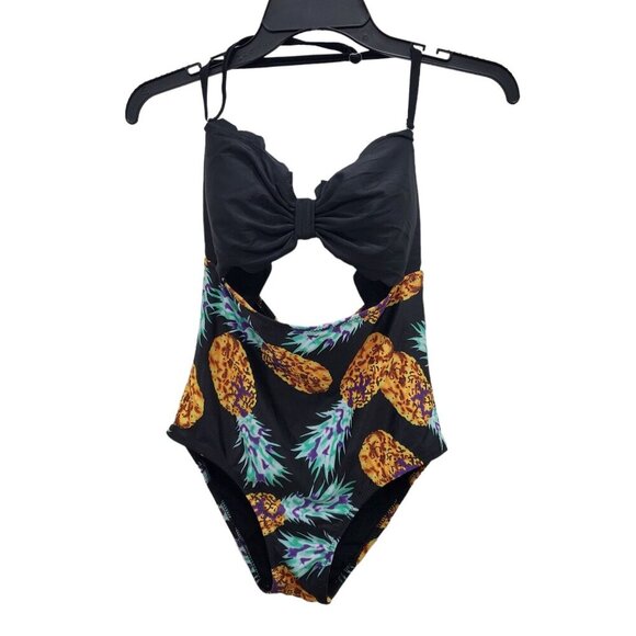 Bower Millet Women's Black Scalloped Top Cut Out‎ Pineapple One Piece Swimsuit M - Picture 1 of 8